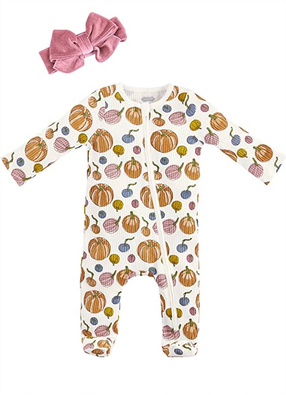 NEW MUDPIE girl's pumpkin rib sleeper footie and bib in white multi